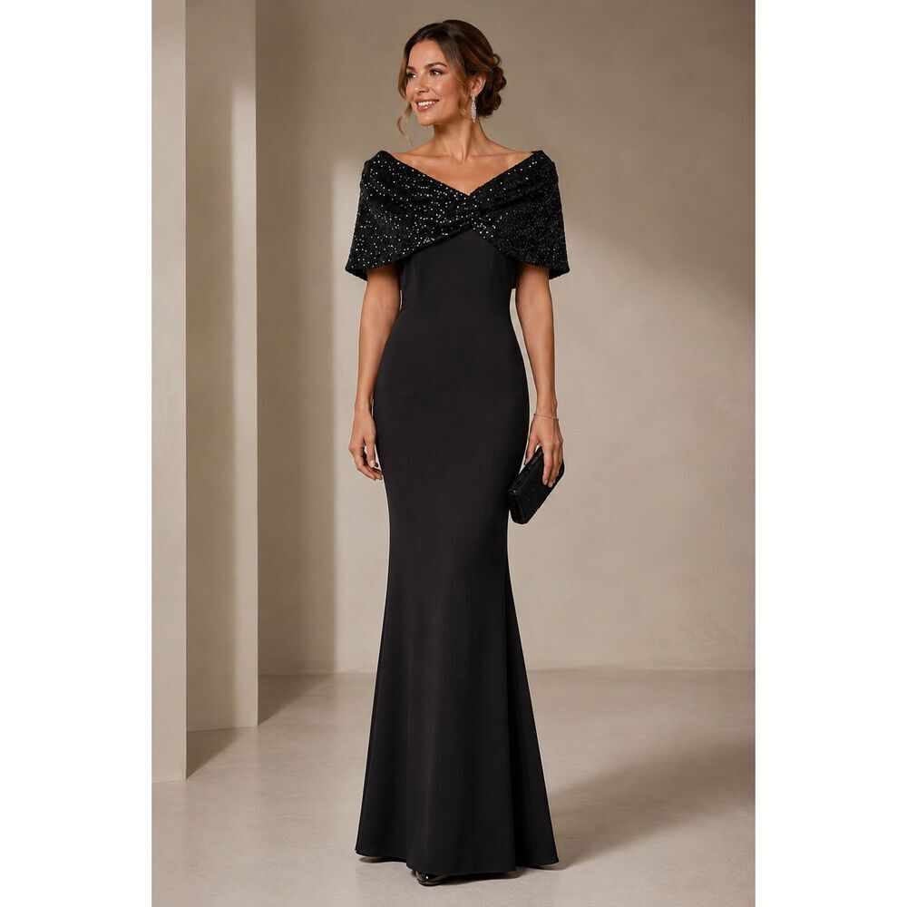 Eliza J Black Sequined Shawl Mermaid Formal Gown Size 6